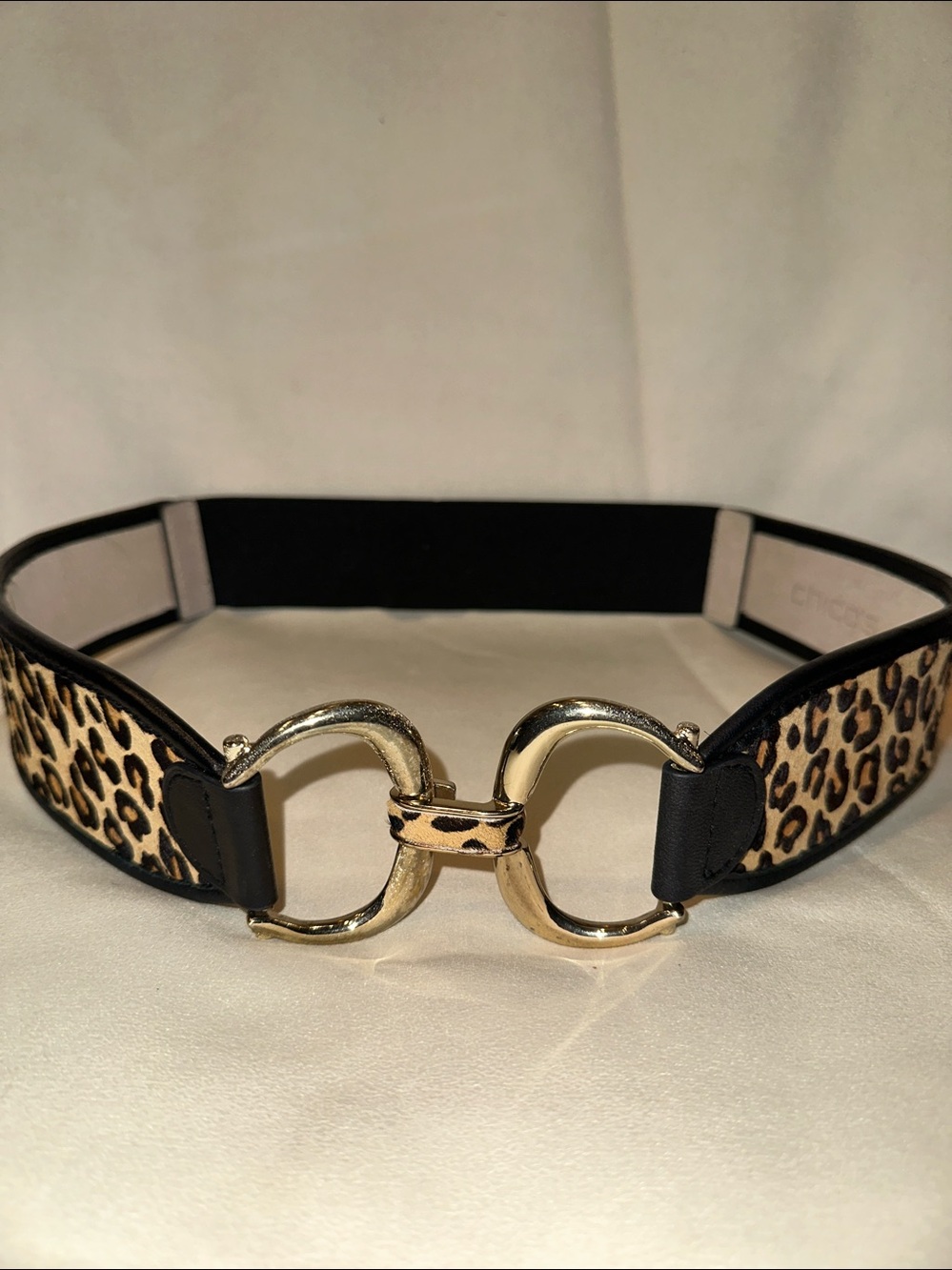 Chico's Leopard-Print Calf Leather Belt with Gold Double Ring Interlock Buckle S